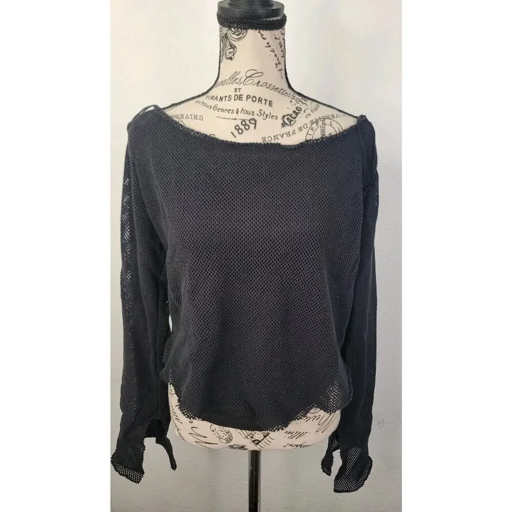 Free People Top SZ Large Beau Mesh Layering Long Sleeve Black Boho Grunge Witchy